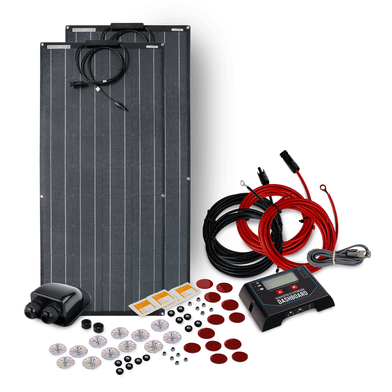 Dakota-Lithium-RV-Van-Camper-Rooftop-Solar-kit-200-watt-with-hardware-and-charge-controller Dakota Lithium 200-Watt Solar Panel & RV Roof Mount Kit - Image 1